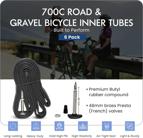 Miniatura 2 de VeloTubes 700C X (18/25, 28/34, 35/43) Tubos interiores de bicicleta de carretera y grava 1.890 in Presta Valve Tubos de bicicleta, paquete de 6