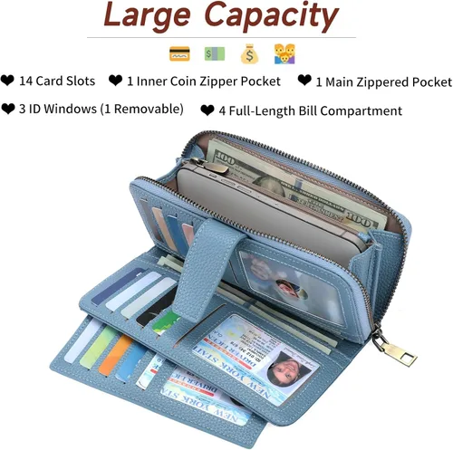Miniatura 2 de GOIACII Cartera para mujer, de gran capacidad, con bloqueo RFID, para teléfono, tarjetero de embrague, cartera larga de viaje, color azul