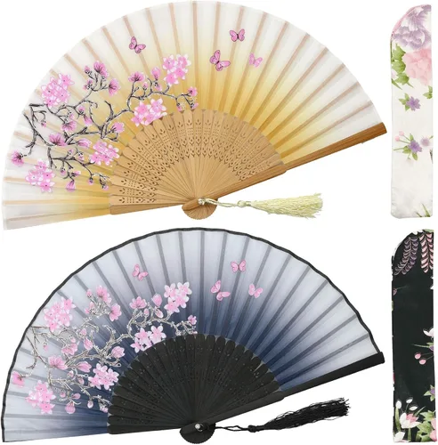Miniatura 13 de OMyTea Abanicos de mano plegables para mujer, abanicos chinos japoneses de seda de bambú vintage, para sofocos, EDM, festival de música, fiesta