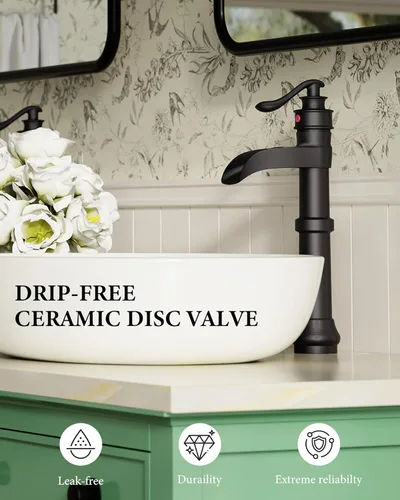 Miniatura 6 de Homevacious Grifo de baño negro para lavabo, cascada mate, cuenco antiguo de un solo orificio con tapón de drenaje emergente, línea de suministro
