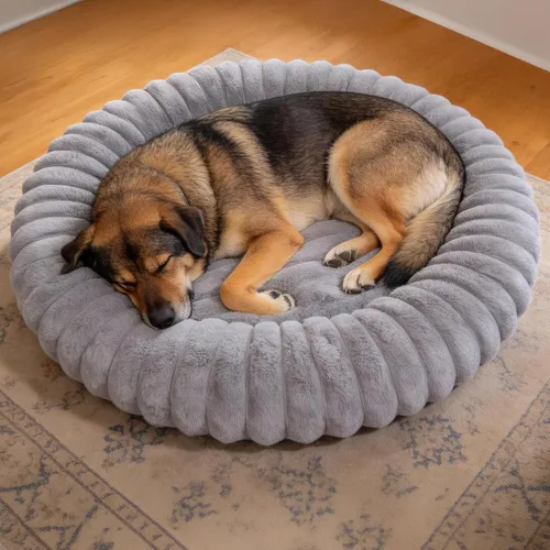 Miniatura 14 de Cama en forma de dona para perros y gatos, lujosa y cómoda cama de pelo sintético de conejo para mascotas, cama redonda antiansiedad calmante