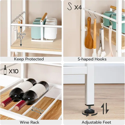 Miniatura 6 de HOOBRO Isla de cocina con almacenamiento, mesa de isla de cocina con toma de corriente, estación de café de 3 niveles y soporte para microondas