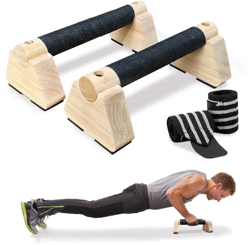 Barras paraletas, barras de madera con muñequeras para hombres y mujeres, barras de entrenamiento de pie de mano para gimnasio en casa, equipo de