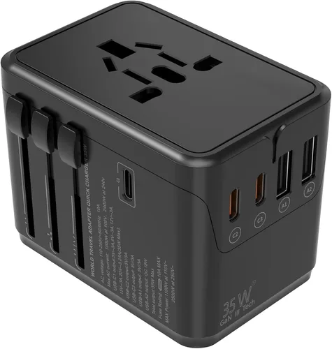 Adaptador de viaje universal en todo el mundo: adaptador de enchufe de viaje europeo de carga rápida de 35 W GaN III/PD con 3 puertos USB-C y 2