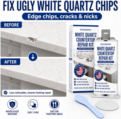 Miniatura 2 de Kit de reparación de encimera de cuarzo blanco, kit de reparación de cuarzo y relleno de virutas de encimera para chips de bordes, grietas, arañazos