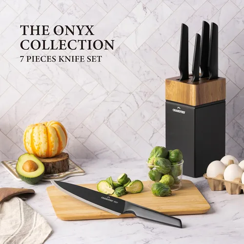 Miniatura 6 de GRANDTIES Juego de cuchillos de cocina negros antiadherentes de 7 piezas con bloque de madera y afilador, acero inoxidable alemán de alto carbono