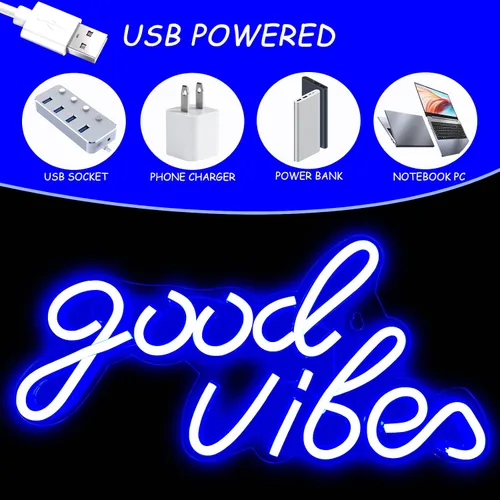 Miniatura 7 de Good Vibes - Letrero de neón LED para decoración de pared, luces de neón azules para dormitorio y fiesta, luz de neón brillante alimentada por USB