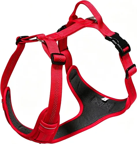 Arnés sin tirones para perros extragrandes, ajustable, reflectante, transpirable, chaleco acolchado con 2 clips de metal para correa y asa para Rojo