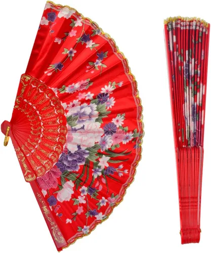 Miniatura 3 de Tayfremn Abanico de mano plegable floral, patrón de flores, con encaje lateral dorado, abanicos plegables de mano, abanicos plegables de mano