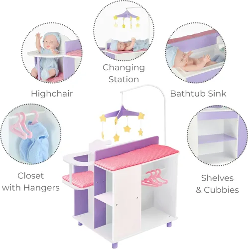 Miniatura 10 de Olivia's Little World Little Princess Baby Doll - Estación de cambio de muñecas de bebé de madera de dos lados con estantes de almacenamiento