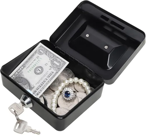 Miniatura 5 de Caja de dinero pequeña con bandeja de dinero y cerradura, caja de dinero de metal para efectivo, caja de seguridad XXS, color negro