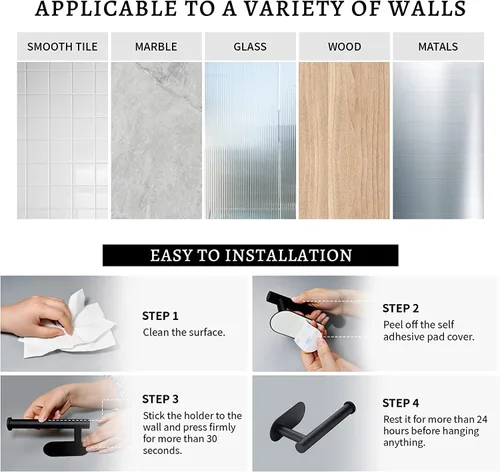 Miniatura 7 de Soporte de papel higiénico autoadhesivo, soporte de pared para baño y baño, sin perforaciones, SUS304 inoxidable, color negro mate