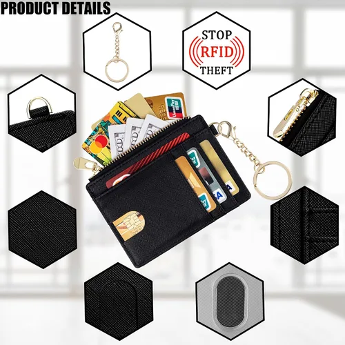 Miniatura 3 de Cartera delgada de bolsillo, bloqueo RFID, cartera con tarjetero con grillete en D y llavero desmontable para mujer, A-Negro, Moda