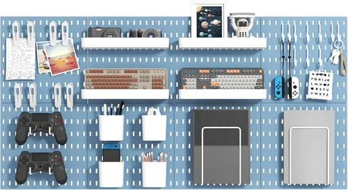 Miniatura 8 de MULSAME Kit de Combinación de Tablero Perforado, Conjunto de Almacenamiento Montado en Pared con 8 Tableros Perforados y 32 Accesorios Colgantes