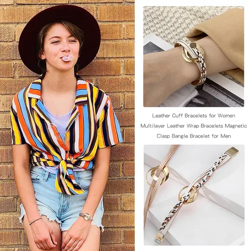 Miniatura 3 de Pulsera de cuero circular multicapa para mujer, estilo bohemio, geométrico, para hombre, cierre magnético, para adolescentes y niñas