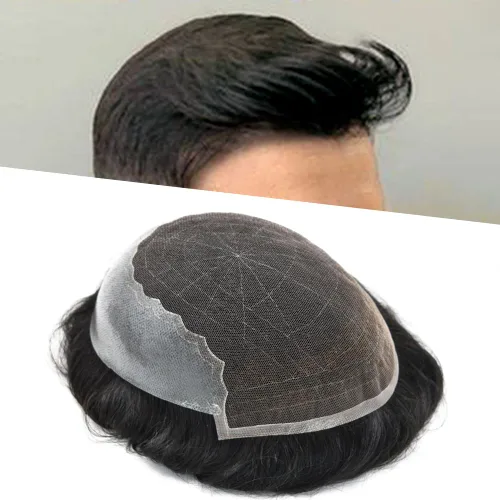 Miniatura 108 de Toupee - Sistemas de reemplazo de cabello para hombre, encaje frontal suizo, nudo blanqueado, pieza de cabello humano natural 1# negro azabache, 8 x
