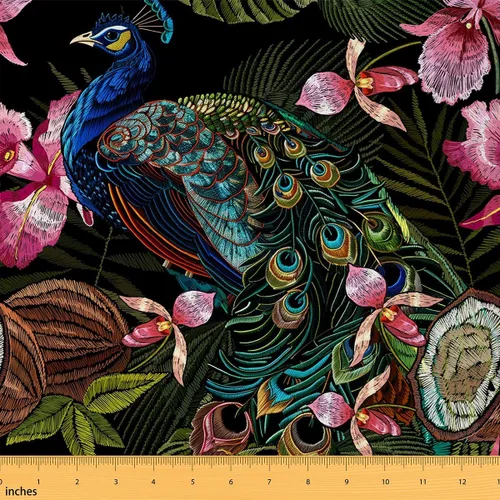 Miniatura 10 de The Yard - Tela con estampado de pavo real exótico, tropical, animales salvajes, para decoración de sillas, regalos de bricolaje, decoración