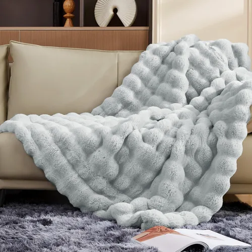 Miniatura 23 de Touchat - Manta de lujo de 1000GSM de pelo sintético de conejo, cobija súper pesada y cálida y acogedora para sofá, cama, sillón, esponjosa, Blanco