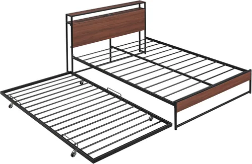 Miniatura 7 de SOFTSEA Marco de cama de plataforma de metal de tamaño matrimonial con nido, puertos USB con cabecera de almacenamiento de madera, cama de panel