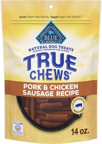 Blue Buffalo True Chews - Golosinas para perros, hechas en los Estados Unidos con ingredientes naturales, receta de salchicha de cerdo y pollo,