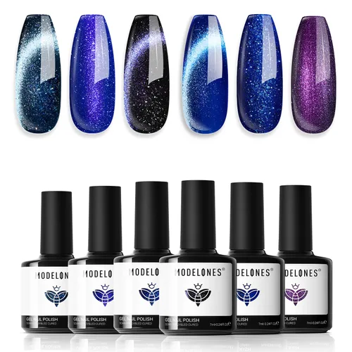 Miniatura 22 de modelones - Juego de 6 esmaltes en gel con efecto de ojo de gato cristalino, holográfico 9D, brillantina, negro, azul, morado, verde, con imán