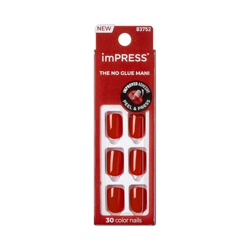 Miniatura 10 de Kiss Impress - Kit de uñas a presión sin pegamento, Over You, 30 uñas rojas para despegar y pegar, squoval corto súper delgado, acabado de gel