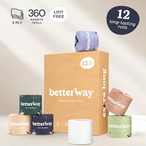 Miniatura 5 de Betterway Papel higiénico de bambú de 3 capas, papel higiénico sostenible, 12 rollos dobles y 360 hojas por rollo, seguro para sépticos, orgánico