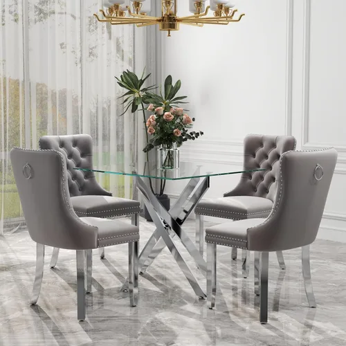 Miniatura 68 de Juego de comedor de 3 piezas con superficie de vidrio transparente, juego de comedor cuadrado minimalista moderno de 36'', juego de mesa de cocina