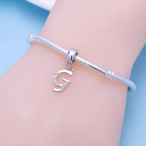 Miniatura 36 de ABUN Abalorio de plata de ley 925 con letra A a la Z, espaciador de inicial, con circonita cúbica transparete colgante, auténtica, para pulseras