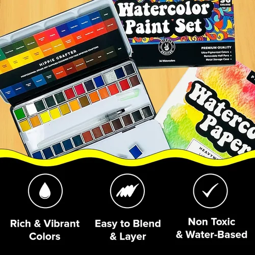 Miniatura 7 de Juego de pintura de acuarela profesional, 36 colores de agua, kit de pintura con paleta y pincel, pinturas de acuarela portátiles para viajes