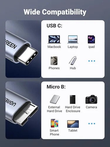 Miniatura 6 de UGREEN 10 Gbps Cables de disco duro Micro B a USB C, 3.3 pies USB C a Micro B, cable de disco duro externo compatible con MacBook Pro/Air