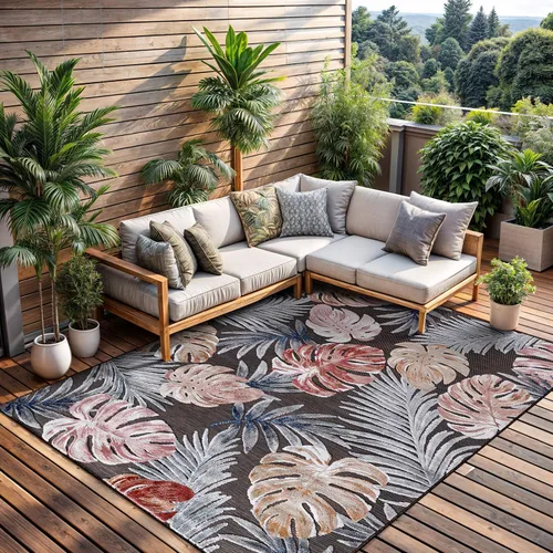 Miniatura 14 de CAMILSON Alfombra para Interiores y Exteriores, Alfombras de Área Azules 5x7 con Hojas Tropicales Botánicas para Patios Interiores y Exteriores