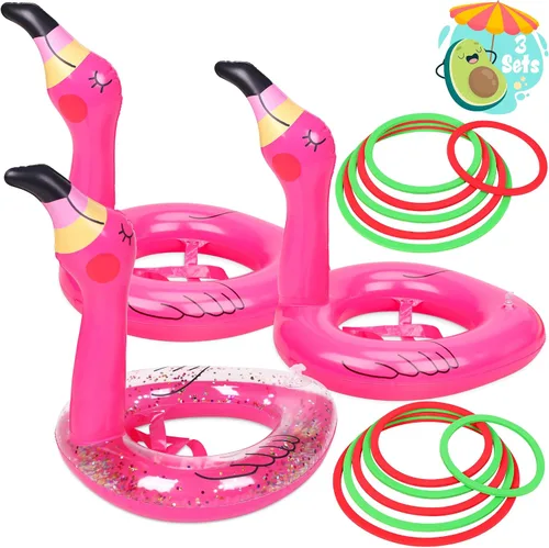 Juego de lanzamiento de anillos inflables de flamenco de 3 piezas, suministros de juguetes para fiestas en la piscina, decoraciones Luau
