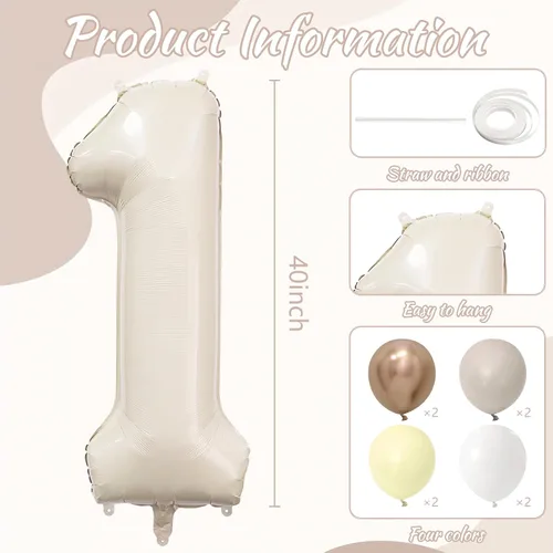 Miniatura 6 de Globo color crema número 1 de 40 pulgadas, color beige nude, número 1, con globos de arena blanca, globos beige nude champán, crema neutra