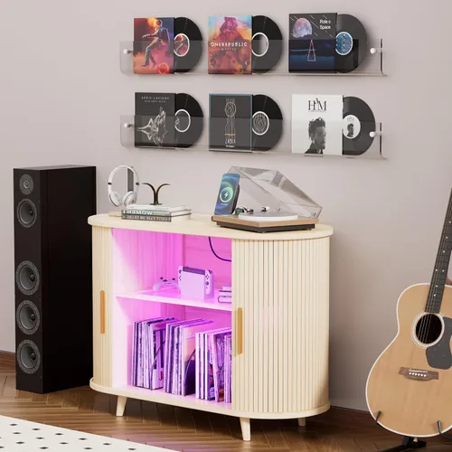 Miniatura 9 de Soporte para tocadiscos, gabinete de almacenamiento de discos de 39 pulgadas con estación de carga y puertos USB, soporte para tocadiscos