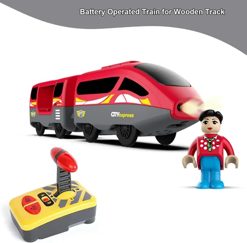 Miniatura 7 de Tren a pilas para pista de madera, potente locomotora con motor de control remoto, juguete de tren con luz y sonidos, regalo para niños pequeños