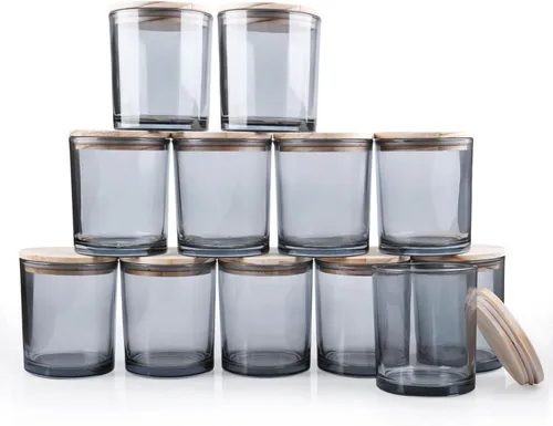 Miniatura 48 de SHOWIN Tarros de vela gruesos de 14 OZ para hacer velas 12 Piezas, tarros vacíos de 3 mechas con tapas de madera para hacer velas, recipiente