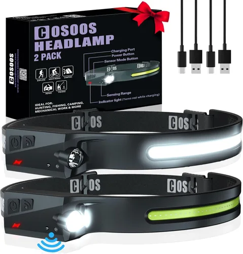 COSOOS Linterna recargable de 2 LED, linterna brillante, diadema ajustable para niños y adultos, haz ancho de 1000 lúmenes y luz puntual, sensor de