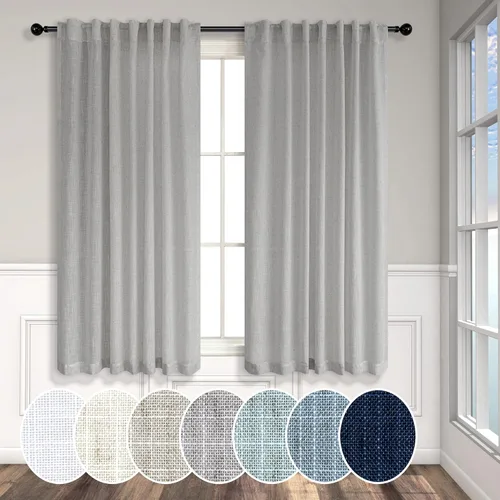 Miniatura 95 de Cortinas de lino azul de 84 pulgadas de largo para sala de estar; juego de 2 paneles con lengüeta trasera; cortinas con dobladillo para barra; Azul