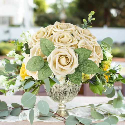 Miniatura 4 de AmyHomie 25 rosas artificiales beige de aspecto real con tallo para ramos de boda, centros de mesa, arreglos de fiesta, baby shower, día de San