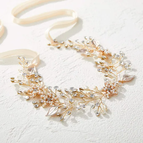 Miniatura 5 de SWEETV - Diadema de niña de flores para boda, pieza de pelo de perlas florales para bebé, diadema dorada para fiesta de cumpleaños, fotografía Dorado