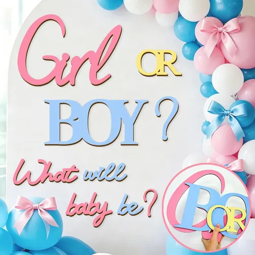 Miniatura 12 de Grandes calcomanías de revelación de género para telón de fondo, señal de baby shower de madera, ¿él o ella? ¿Qué será el bebé? Arco de globos