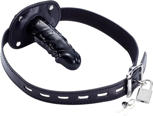 YiFeng Consolador con cerradura Pene Boca Mordaza con bloqueo Bondage Correa de cuero en BDSM Juguete sexual para adultos (Largo)