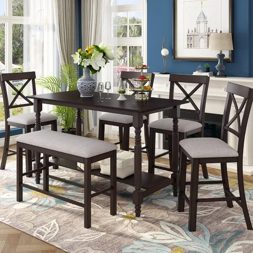 Miniatura 27 de Juego de mesa de comedor de madera de 6 piezas, juego de mesa de cocina con rectangular, juego de mesa de comedor con banco tapizado y 4 sillas