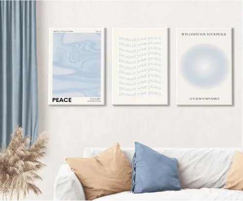 Miniatura 7 de Arte de pared de aura azul, arte retro estético, arte de pared, imágenes abstractas en colores pastel, póster espiritual con degradado de preppy