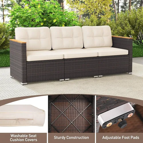 Miniatura 9 de Tangkula Sofá de mimbre para patio de 3 plazas, juego de muebles de ratán de 3 plazas con reposabrazos de madera de acacia y cojín grueso, sofá