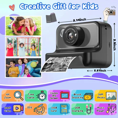 Miniatura 2 de Impresión instantánea de cámara para niños, regalos de cumpleaños de Navidad para niñas y niños, cámara digital de video HD 1080P, juguete para Negro