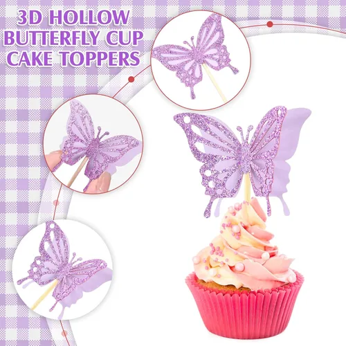 Miniatura 3 de Chinco 48 piezas de decoración de pastel de mariposa, decoración de cupcakes de doble capa ensamblada, decoración de pastel de 3D con purpurina