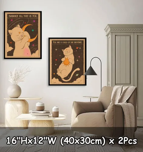 Miniatura 2 de 2 piezas de carta de tarot retro, póster de impresión de sol, luna, gato, arte de pared, hippie, bohemio, estética, decoración de habitación