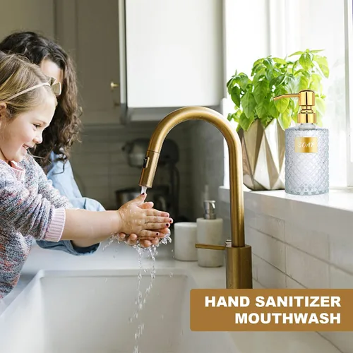 Miniatura 6 de MOCLIF Dispensador de vidrio de diamante de 12 onzas con dispensador de baño de acero inoxidable 304 dorado para cocina, jabón de manos, jabón